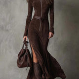 Margarida Lisboa™ - Vestido Longo Vintage Castanho com Cinto